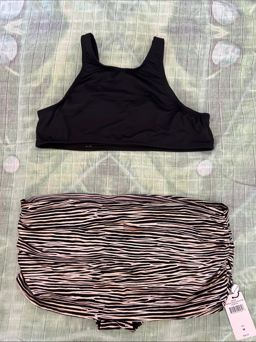 High Cut Scuba Neck Top & Striped Black and White Mini Skirt Bikini Bottom M